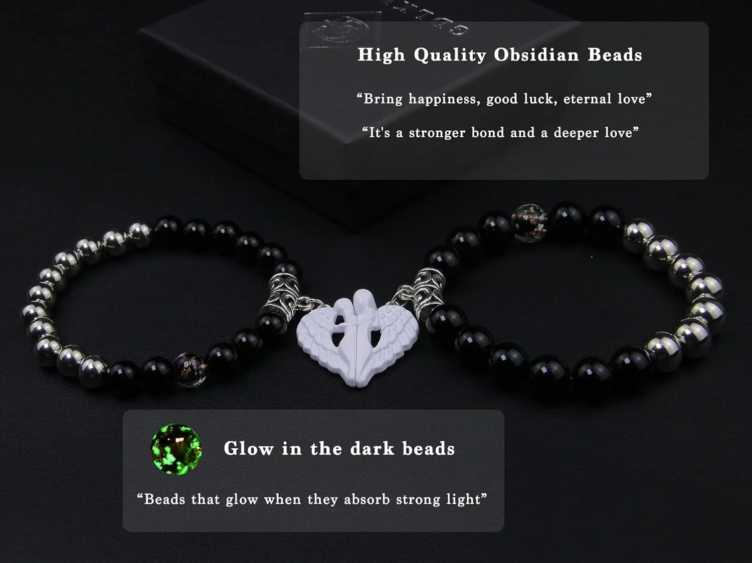Couples Bracelets - Bf and Gf Bracelets - Matching Bracelets - Glow in The Dark Bracelets, Black Beads and Stainless Steel Beads Bracelets Birthday Anniversary Gifts for Men and Women (Angel)