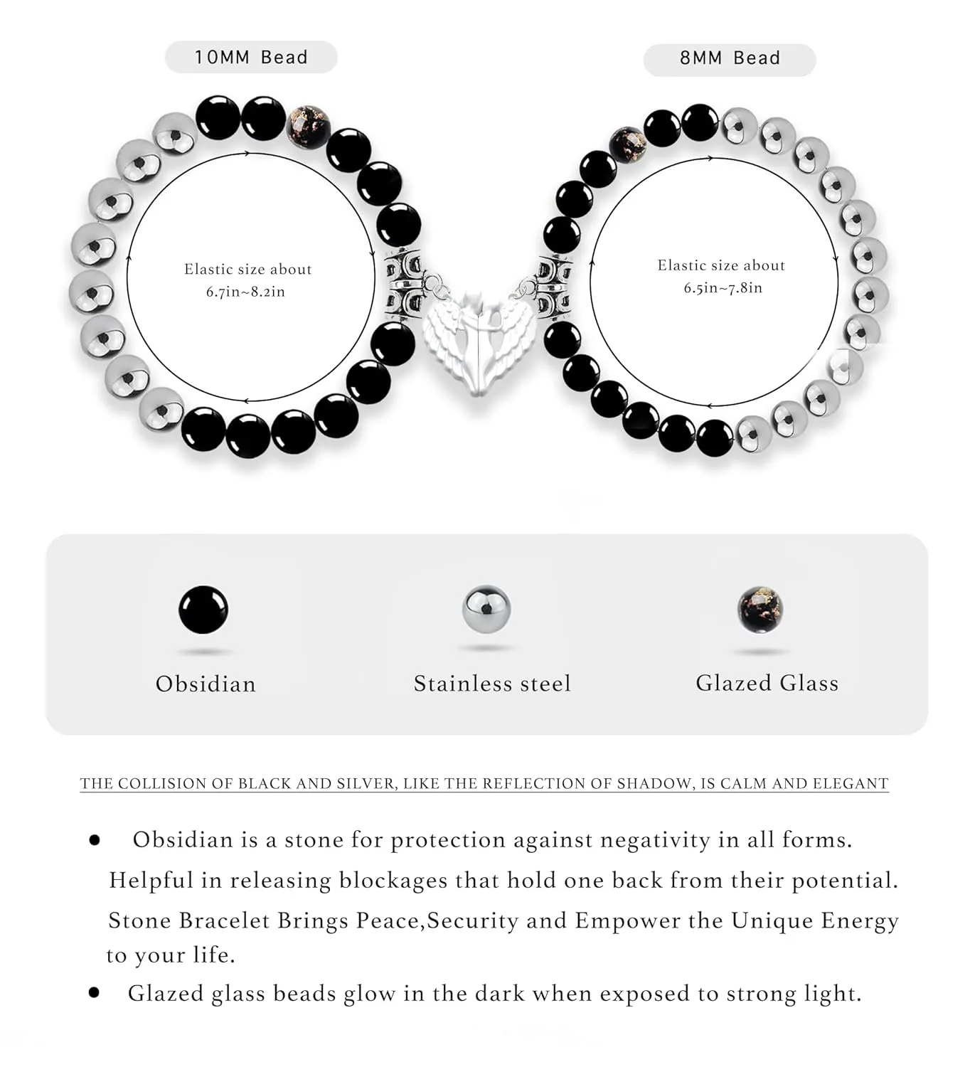Couples Bracelets - Bf and Gf Bracelets - Matching Bracelets - Glow in The Dark Bracelets, Black Beads and Stainless Steel Beads Bracelets Birthday Anniversary Gifts for Men and Women (Angel)