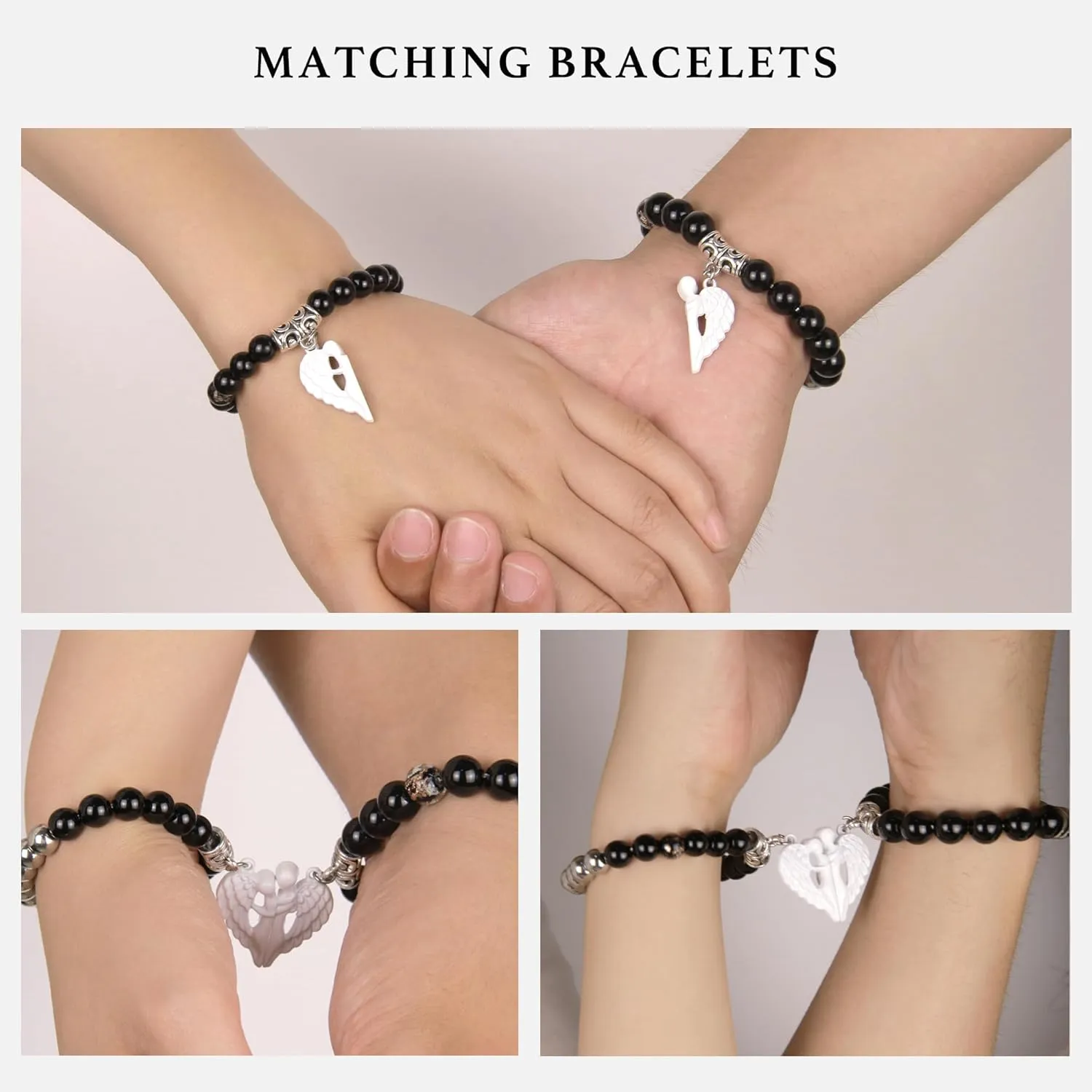 Couples Bracelets - Bf and Gf Bracelets - Matching Bracelets - Glow in The Dark Bracelets, Black Beads and Stainless Steel Beads Bracelets Birthday Anniversary Gifts for Men and Women (Angel)