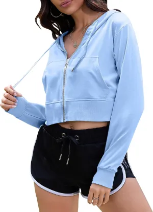 COZYPOIN Women's Zip Up Hoodies Cropped Casual Pocketed Cardigan Jacket Drawstring Hooded Sweatshirts