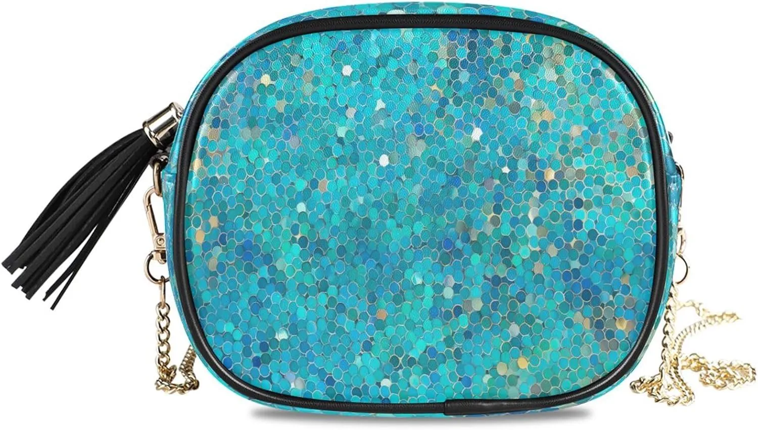 Crossbody Shoulder Bag Tassel Purse Glitter Print Aqua PU leather Small Handbag Fashion Evening Clutch with Chain