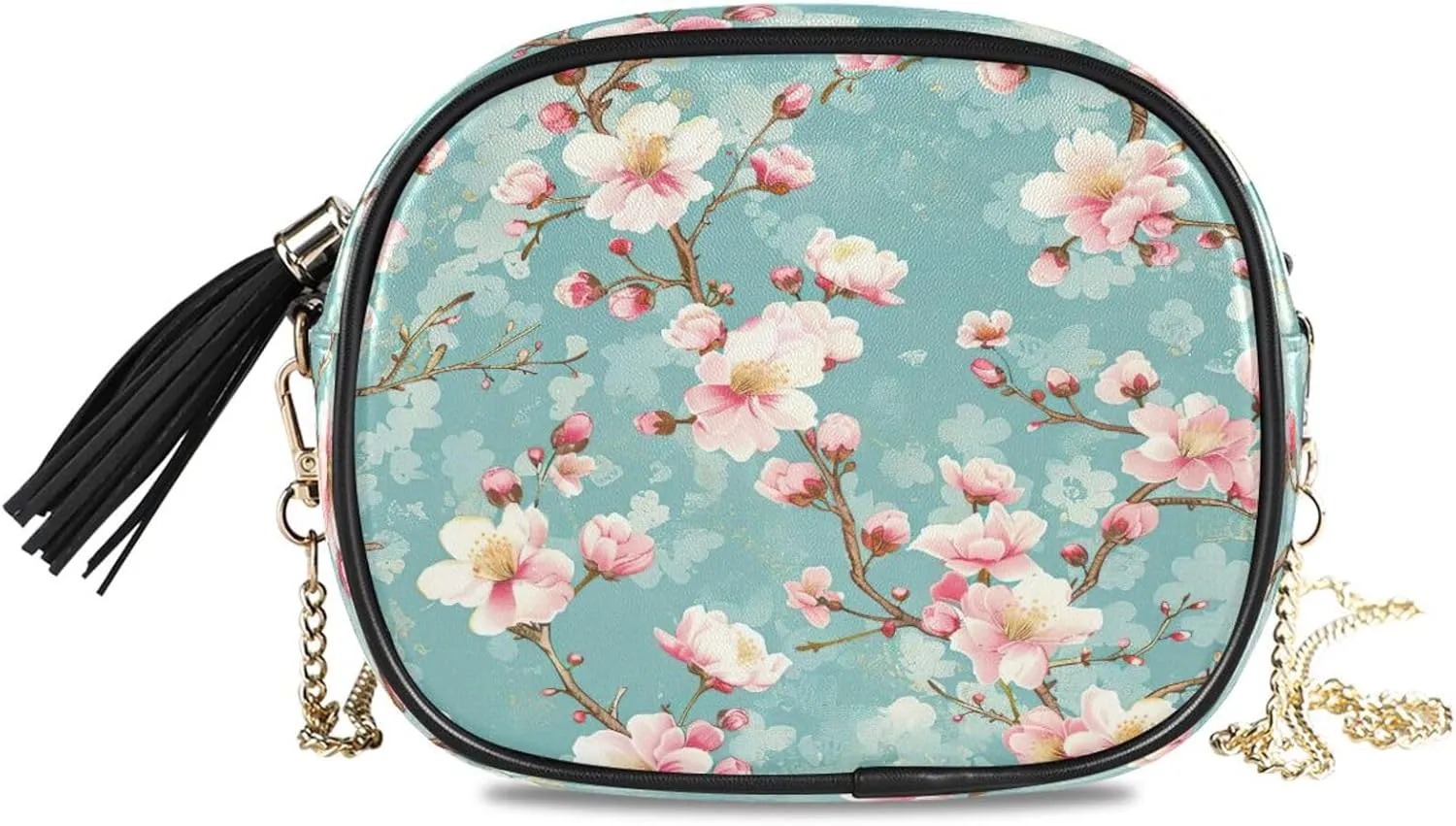 Crossbody Shoulder Bag Tassel Purse Peach Blossom PU leather Small Handbag Fashion Evening Clutch with Chain