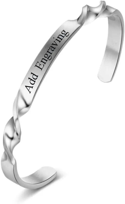 Cuff Bangle Bracelets for Women Engraved Bracelets Personalized Adjustable Stainless Steel Bracelets for Friends (Silver)