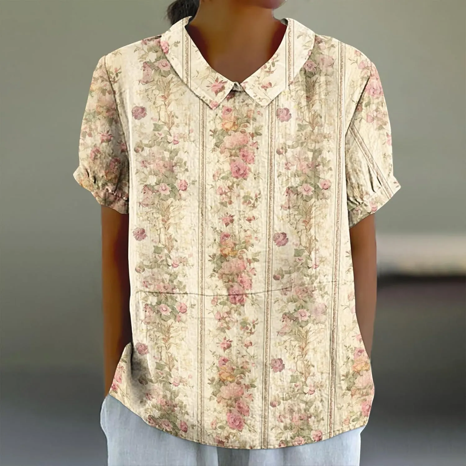 DASAYO Cute Tops for Women Peter Pan Collar Short Sleeve Linen Shirts Plus Size Floral Blouses Dressy Casual Summer Clothes
