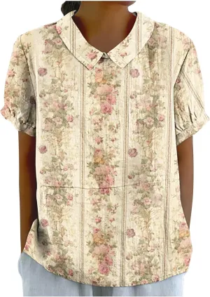 DASAYO Cute Tops for Women Peter Pan Collar Short Sleeve Linen Shirts Plus Size Floral Blouses Dressy Casual Summer Clothes