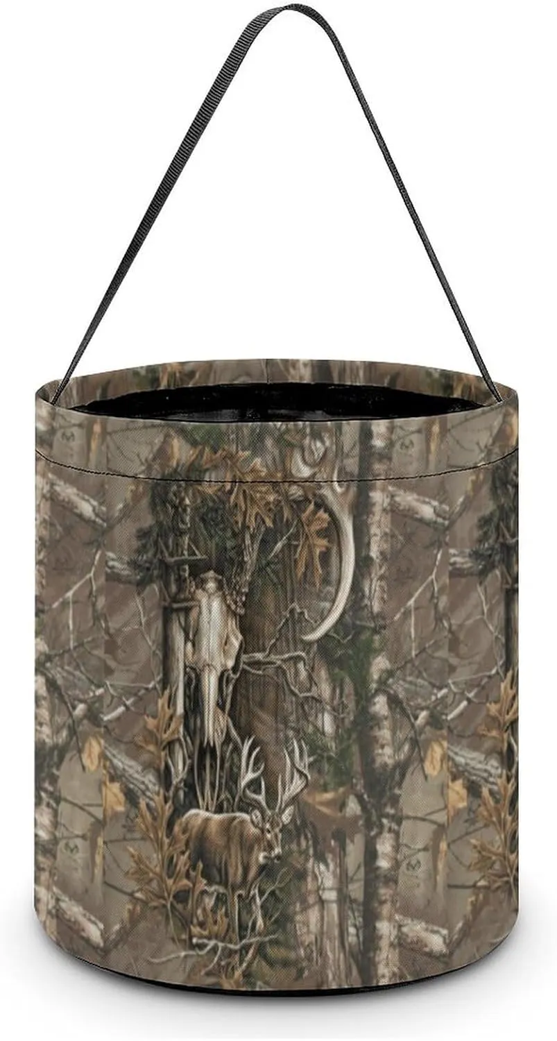 Deer Hunting Camouflage Bull Skull Funny Easter Egg Bags Trick-o-r-Treat Tote Bag Reusable Bucket Storage Basket Handbag Party Novelty
