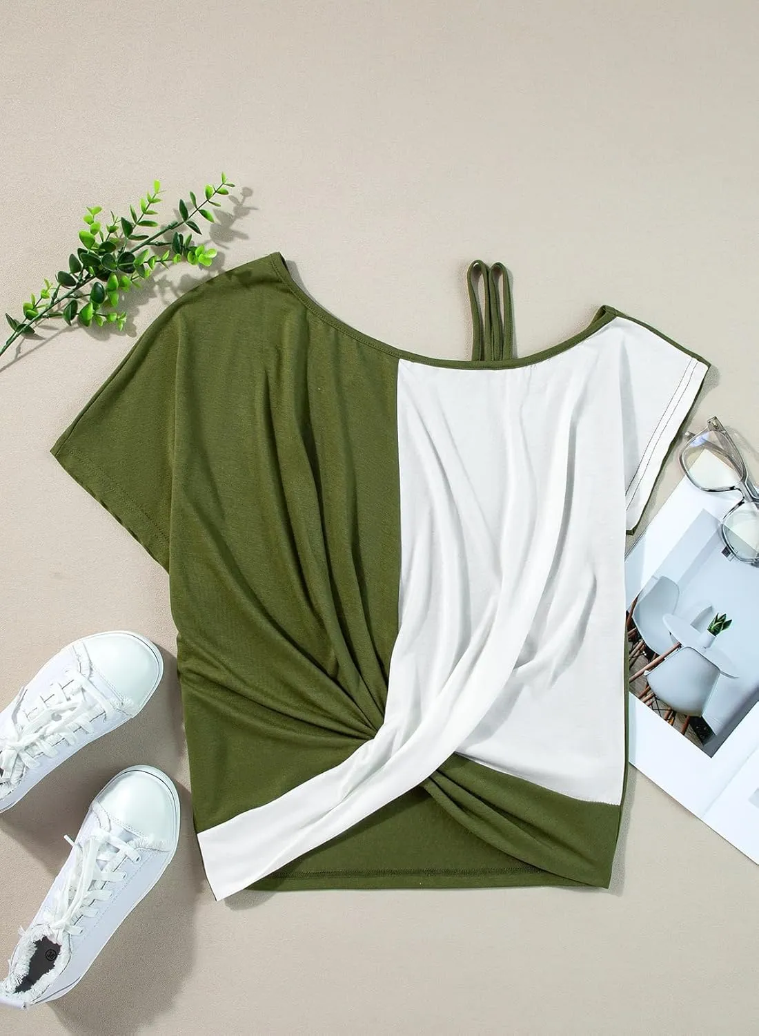 Dokotoo T Shirts for Women Twist Knot Color Block Loose Fit Cold Shoulder Tops for Women Fashion 2025
