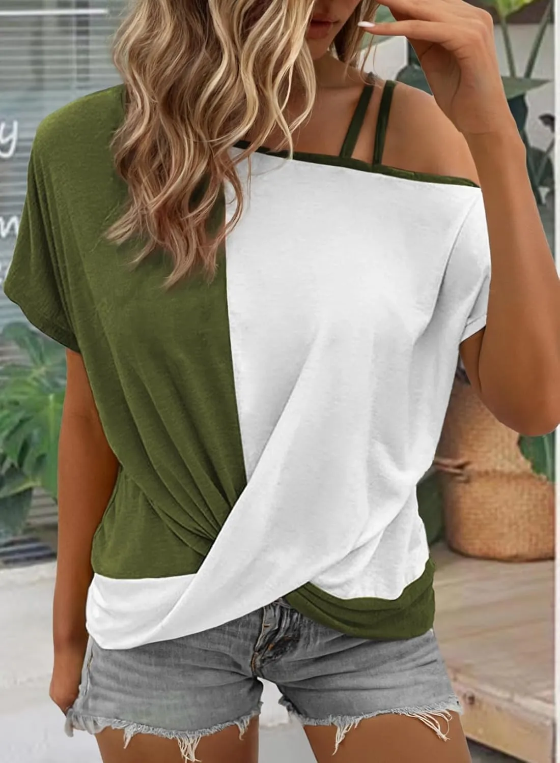 Dokotoo T Shirts for Women Twist Knot Color Block Loose Fit Cold Shoulder Tops for Women Fashion 2025