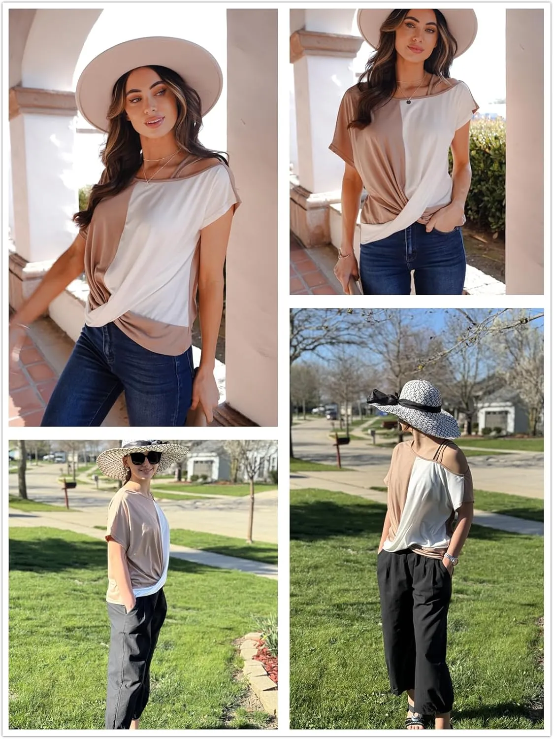 Dokotoo T Shirts for Women Twist Knot Color Block Loose Fit Cold Shoulder Tops for Women Fashion 2025