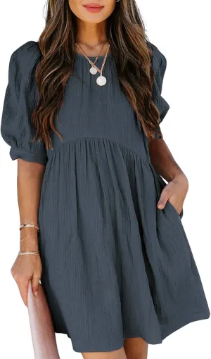Dokotoo Womens 2025 Spring Summer Crewneck Puff Sleeve Babydoll Elegant Empire Waist Mini Swing Skater Dresses with Pockets