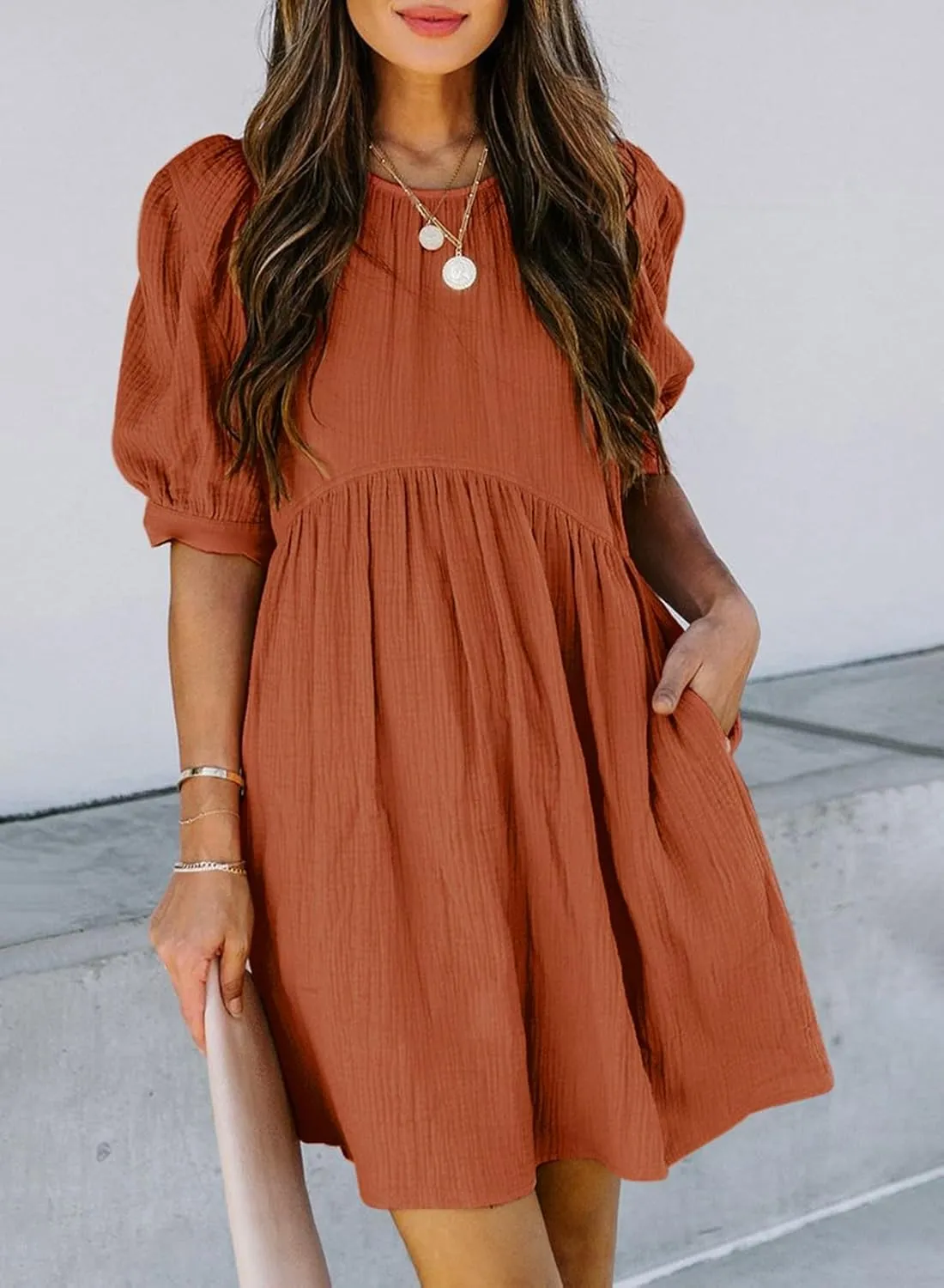 Dokotoo Womens 2025 Spring Summer Crewneck Puff Sleeve Babydoll Elegant Empire Waist Mini Swing Skater Dresses with Pockets