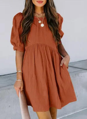 Dokotoo Womens 2025 Spring Summer Crewneck Puff Sleeve Babydoll Elegant Empire Waist Mini Swing Skater Dresses with Pockets