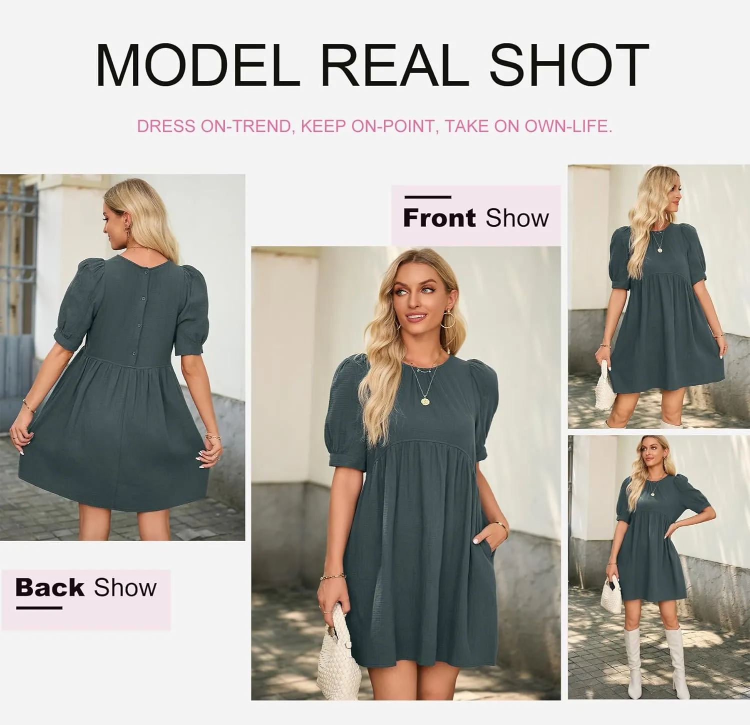 Dokotoo Womens 2025 Spring Summer Crewneck Puff Sleeve Babydoll Elegant Empire Waist Mini Swing Skater Dresses with Pockets
