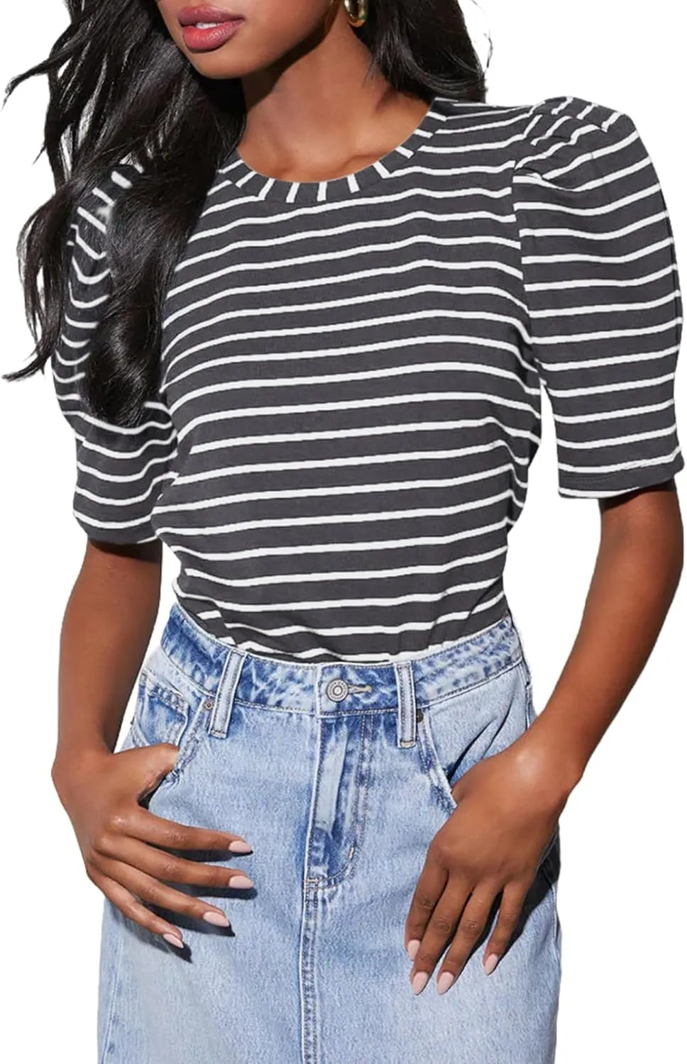 Dokotoo Women's Casual Short Puff Sleeve Crew Neck Striped T Shirts Summer Tops