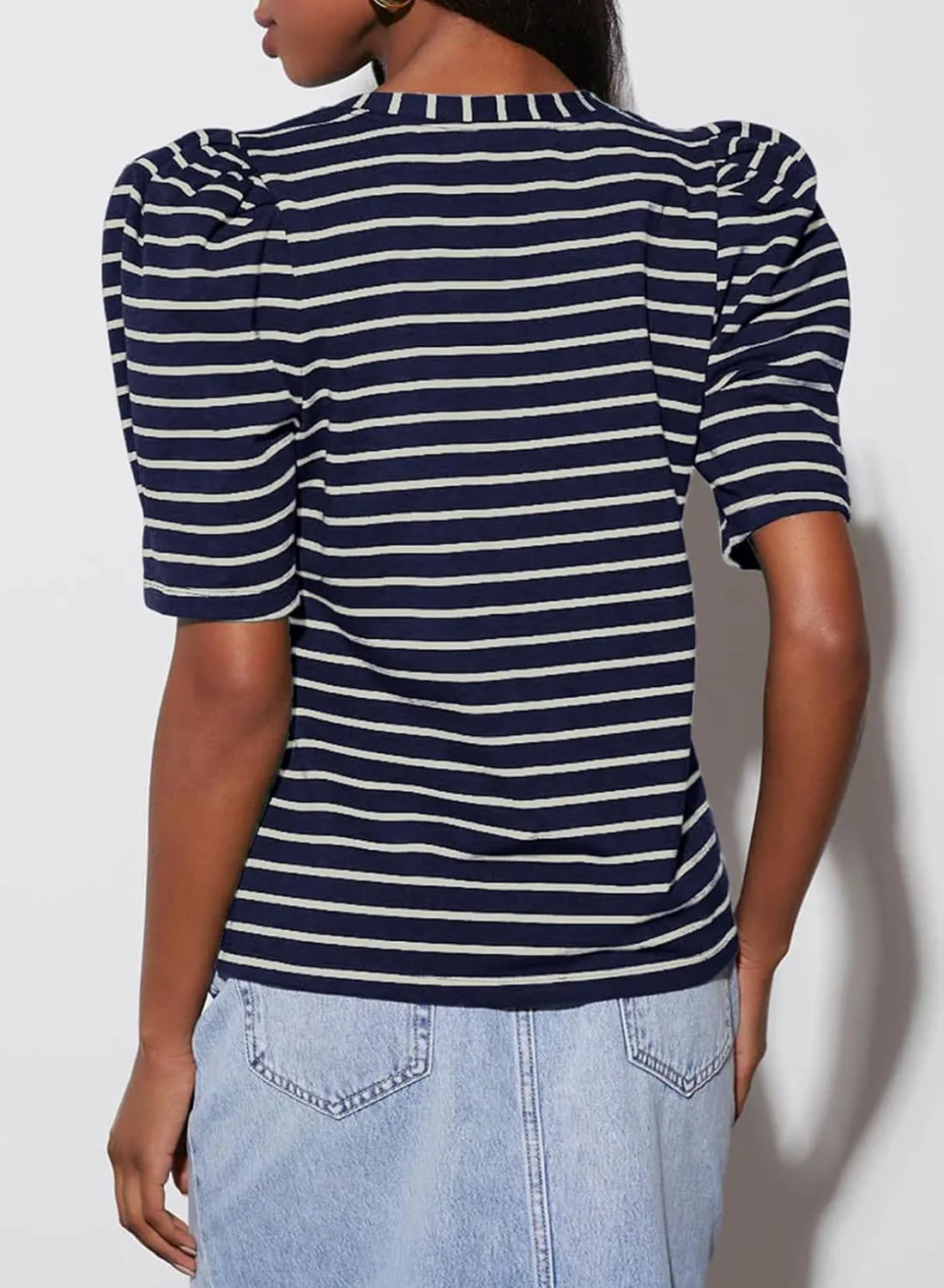 Dokotoo Women's Casual Short Puff Sleeve Crew Neck Striped T Shirts Summer Tops
