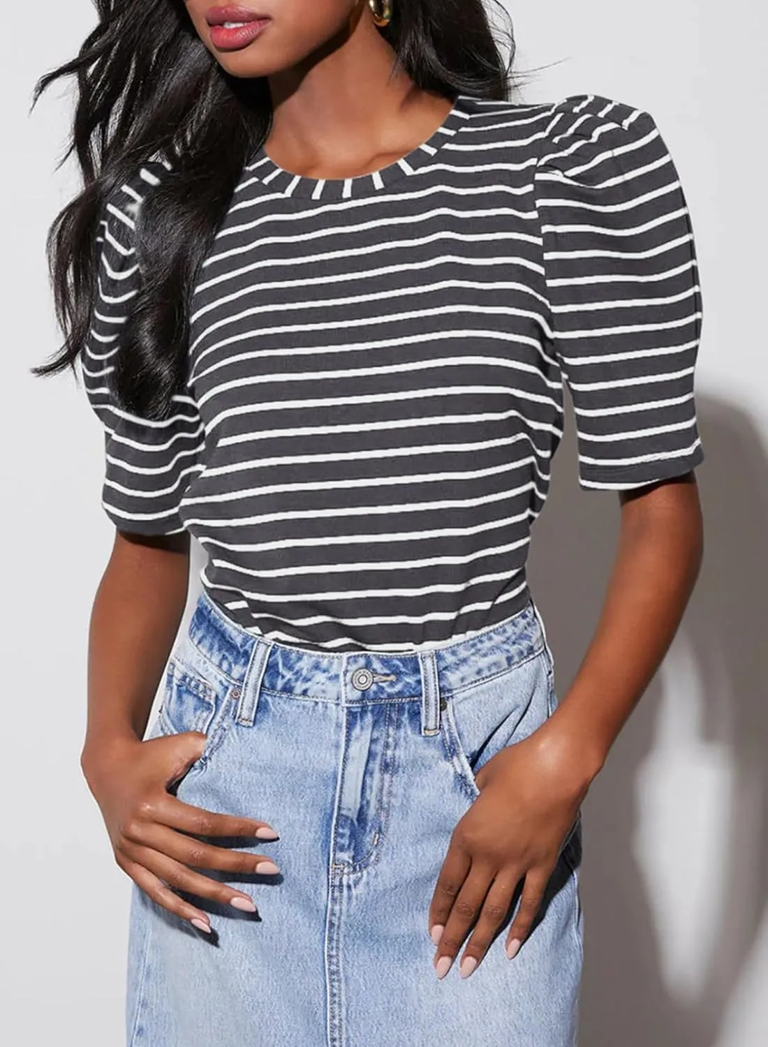 Dokotoo Women's Casual Short Puff Sleeve Crew Neck Striped T Shirts Summer Tops