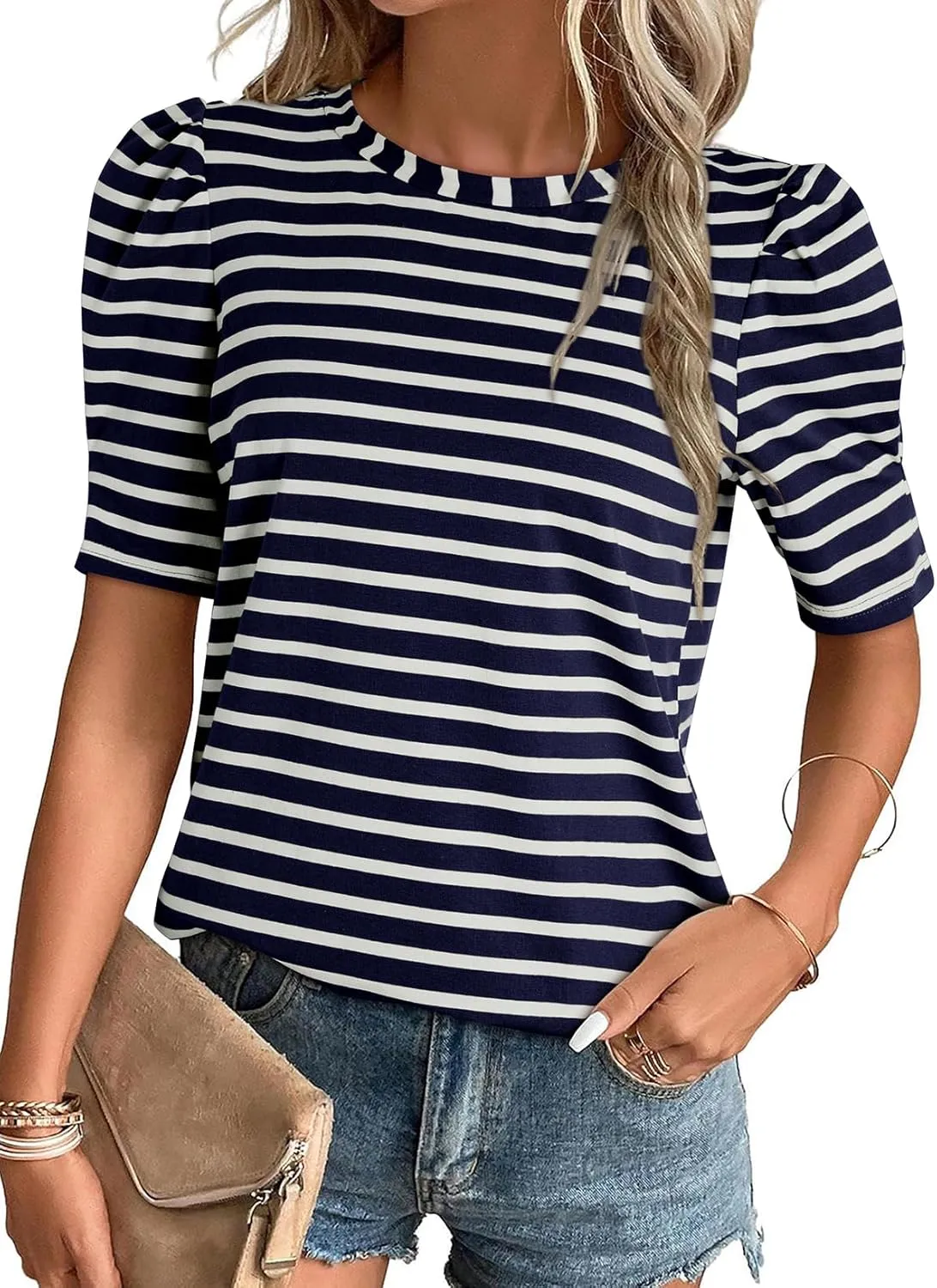 Dokotoo Women's Casual Short Puff Sleeve Crew Neck Striped T Shirts Summer Tops