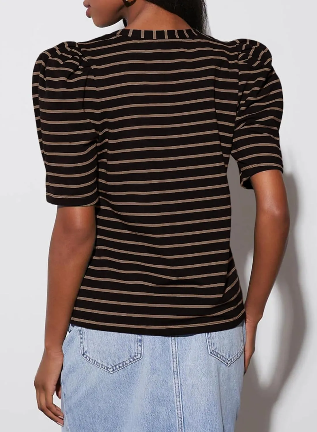 Dokotoo Women's Casual Short Puff Sleeve Crew Neck Striped T Shirts Summer Tops