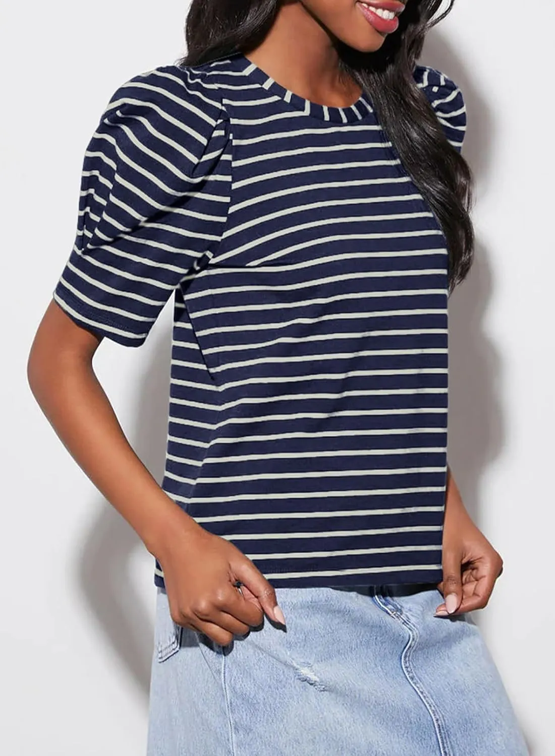 Dokotoo Women's Casual Short Puff Sleeve Crew Neck Striped T Shirts Summer Tops