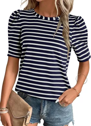Dokotoo Women's Casual Short Puff Sleeve Crew Neck Striped T Shirts Summer Tops