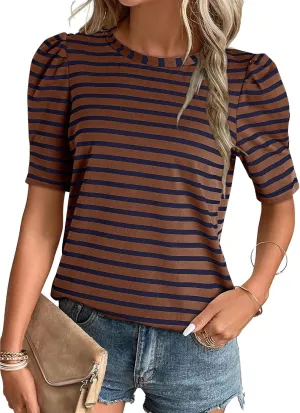 Dokotoo Women's Casual Short Puff Sleeve Crew Neck Striped T Shirts Summer Tops