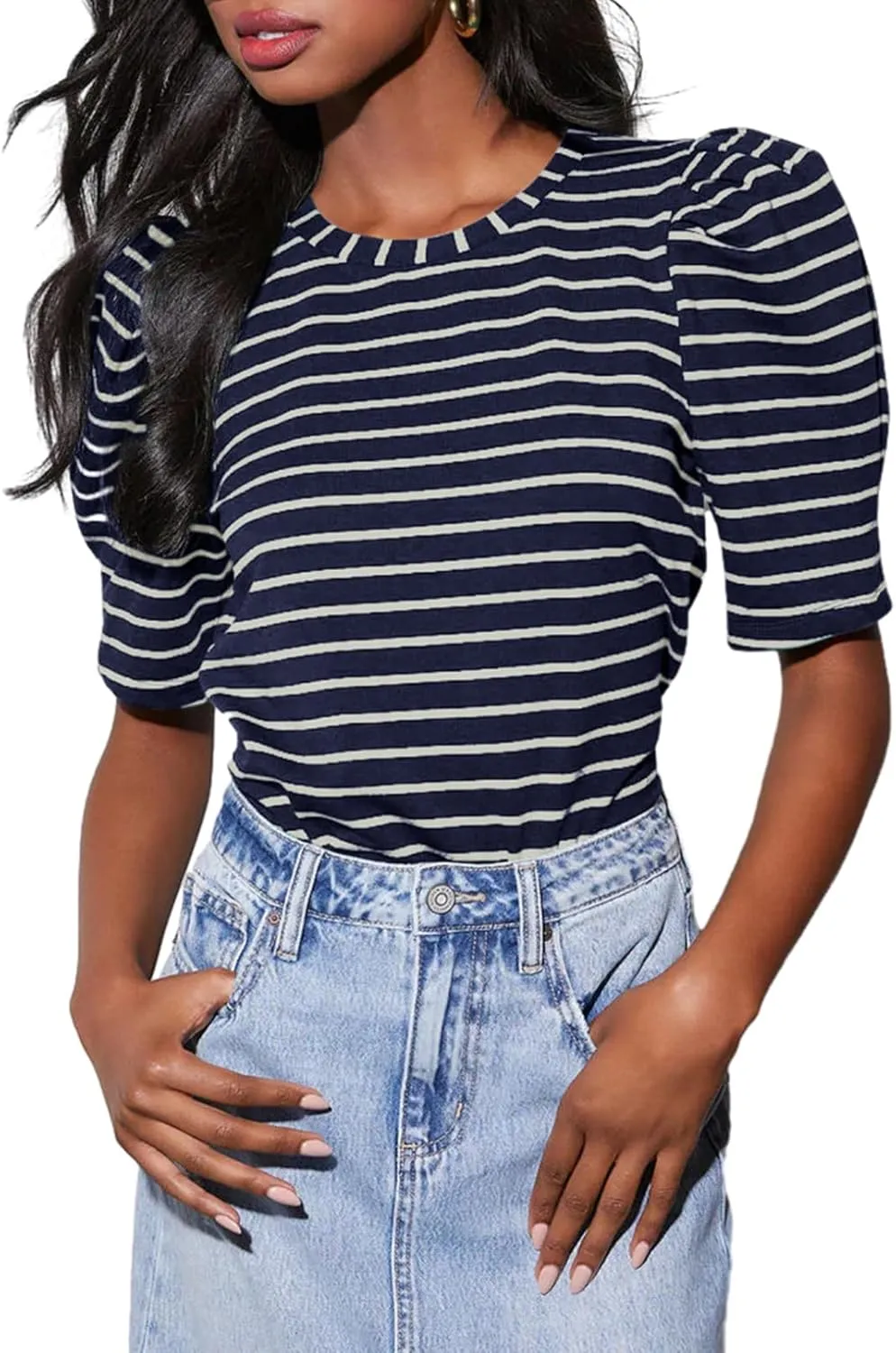 Dokotoo Women's Casual Short Puff Sleeve Crew Neck Striped T Shirts Summer Tops