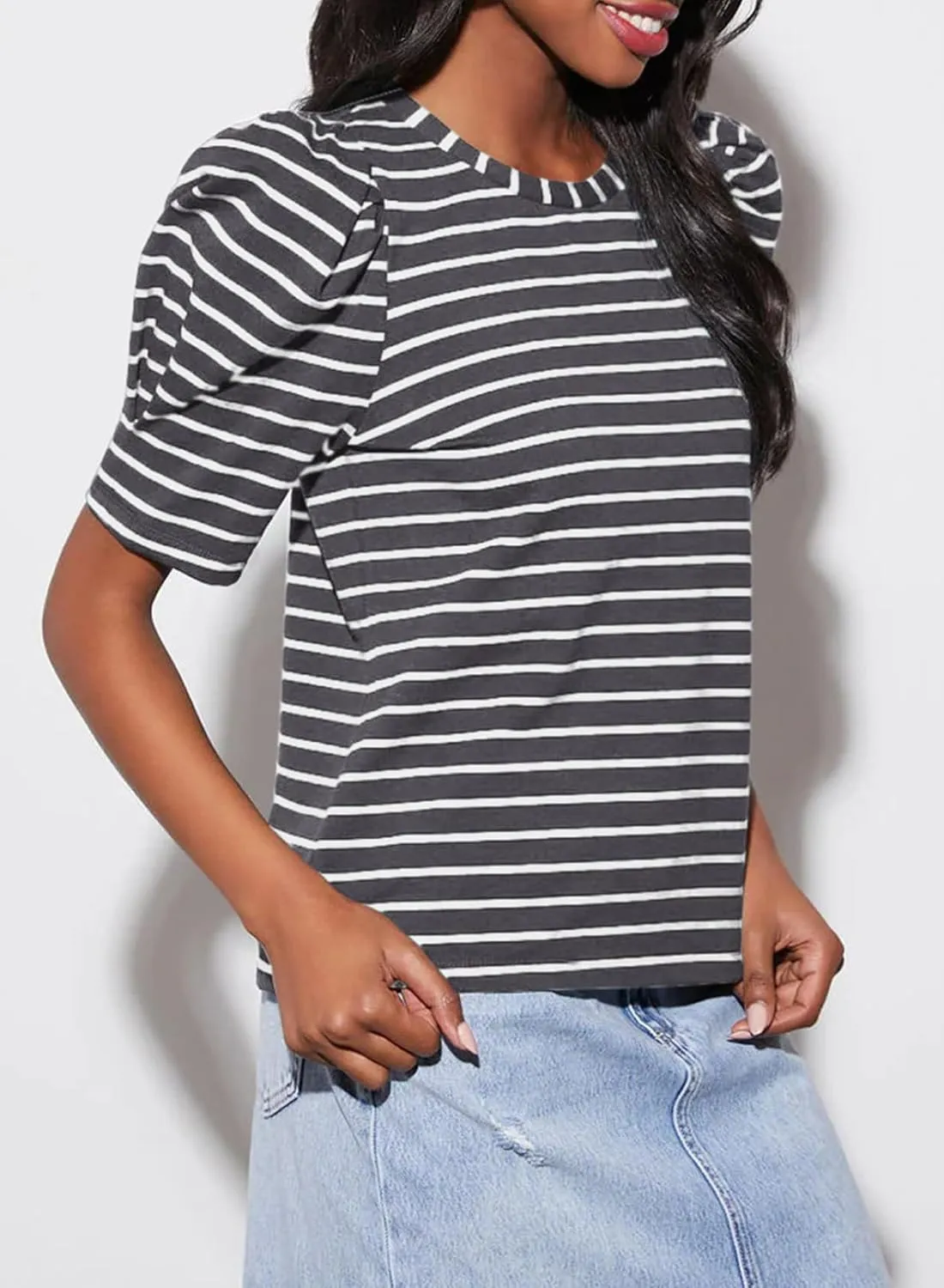 Dokotoo Women's Casual Short Puff Sleeve Crew Neck Striped T Shirts Summer Tops