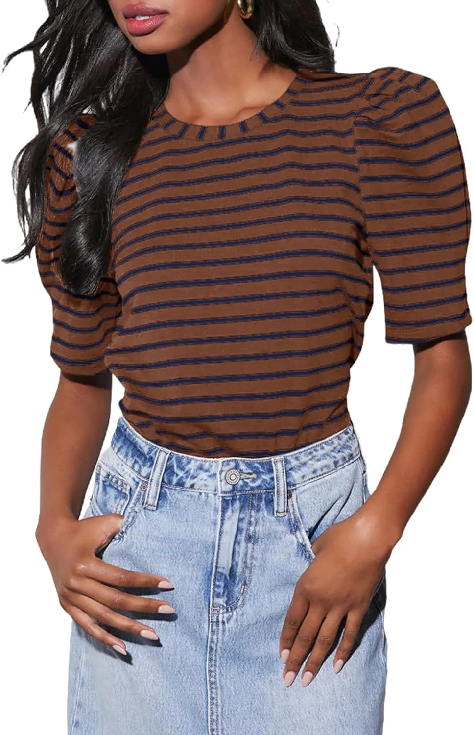 Dokotoo Women's Casual Short Puff Sleeve Crew Neck Striped T Shirts Summer Tops
