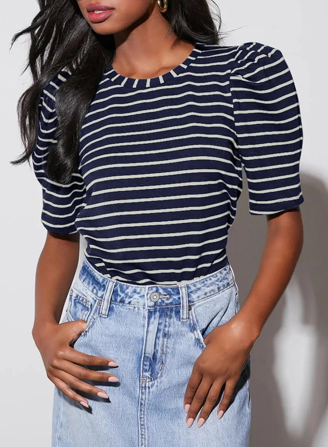 Dokotoo Women's Casual Short Puff Sleeve Crew Neck Striped T Shirts Summer Tops