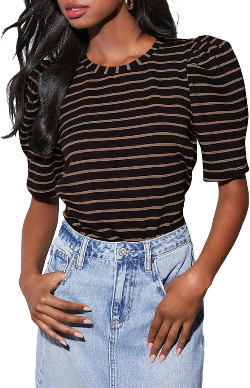 Dokotoo Women's Casual Short Puff Sleeve Crew Neck Striped T Shirts Summer Tops