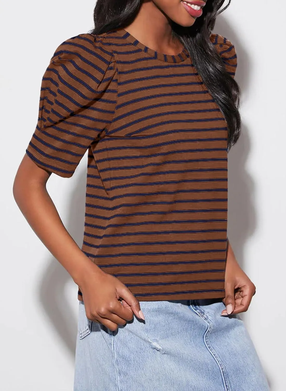 Dokotoo Women's Casual Short Puff Sleeve Crew Neck Striped T Shirts Summer Tops
