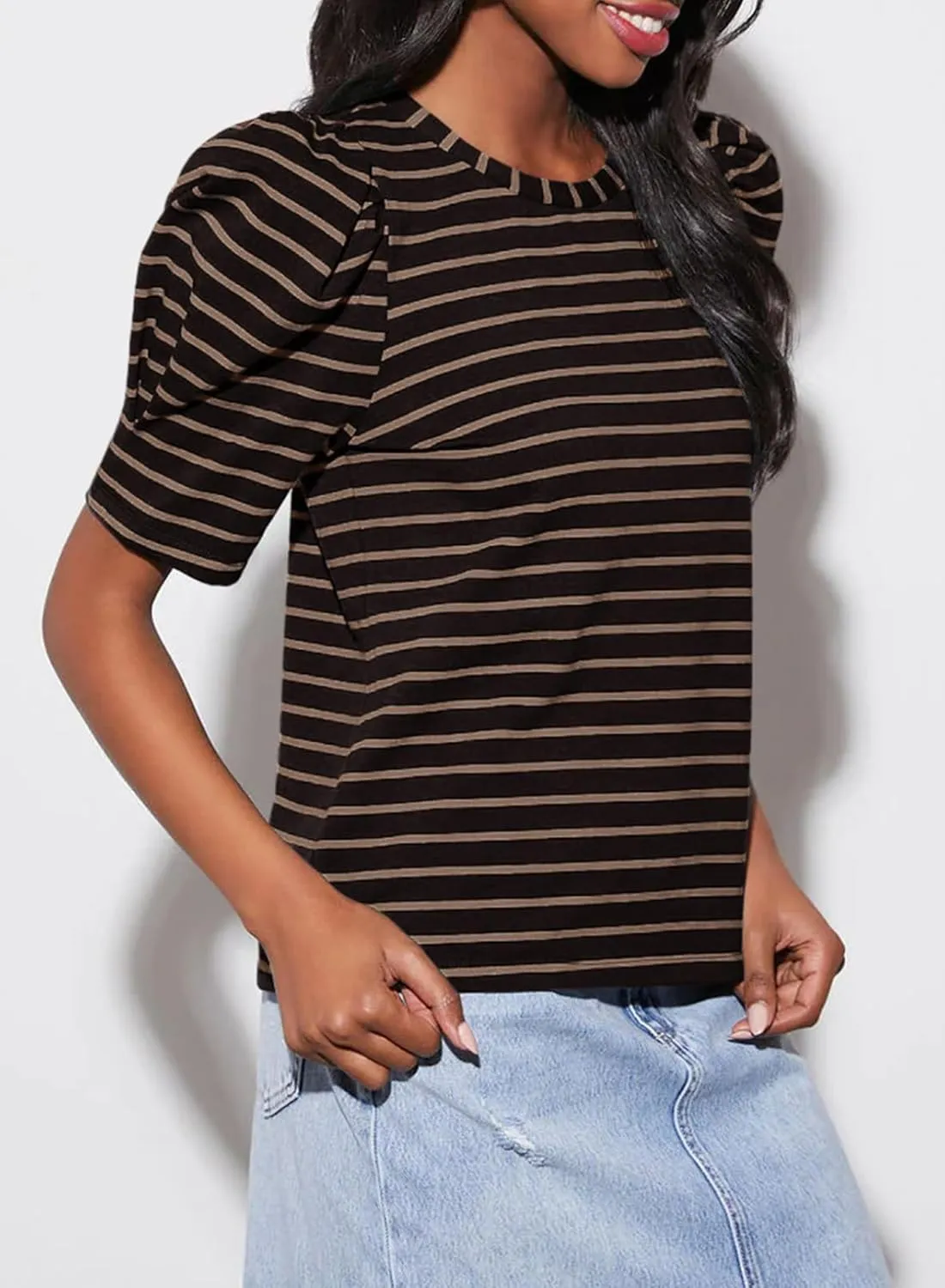 Dokotoo Women's Casual Short Puff Sleeve Crew Neck Striped T Shirts Summer Tops