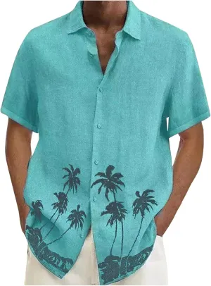 DuDubaby Men's Casual Lapel Beach Holiday Wear Fashion Hawaiian Short-Sleeved