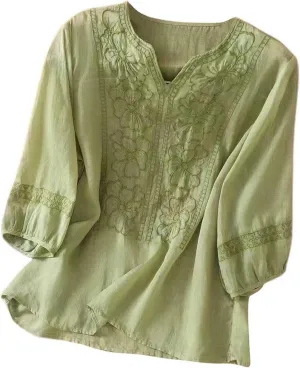 Embroidered Floral Boho Ethnic Tee Cotton Linen Tshirt Women 3/4 Sleeve V Neck Button Flowy Soft Loose Tops