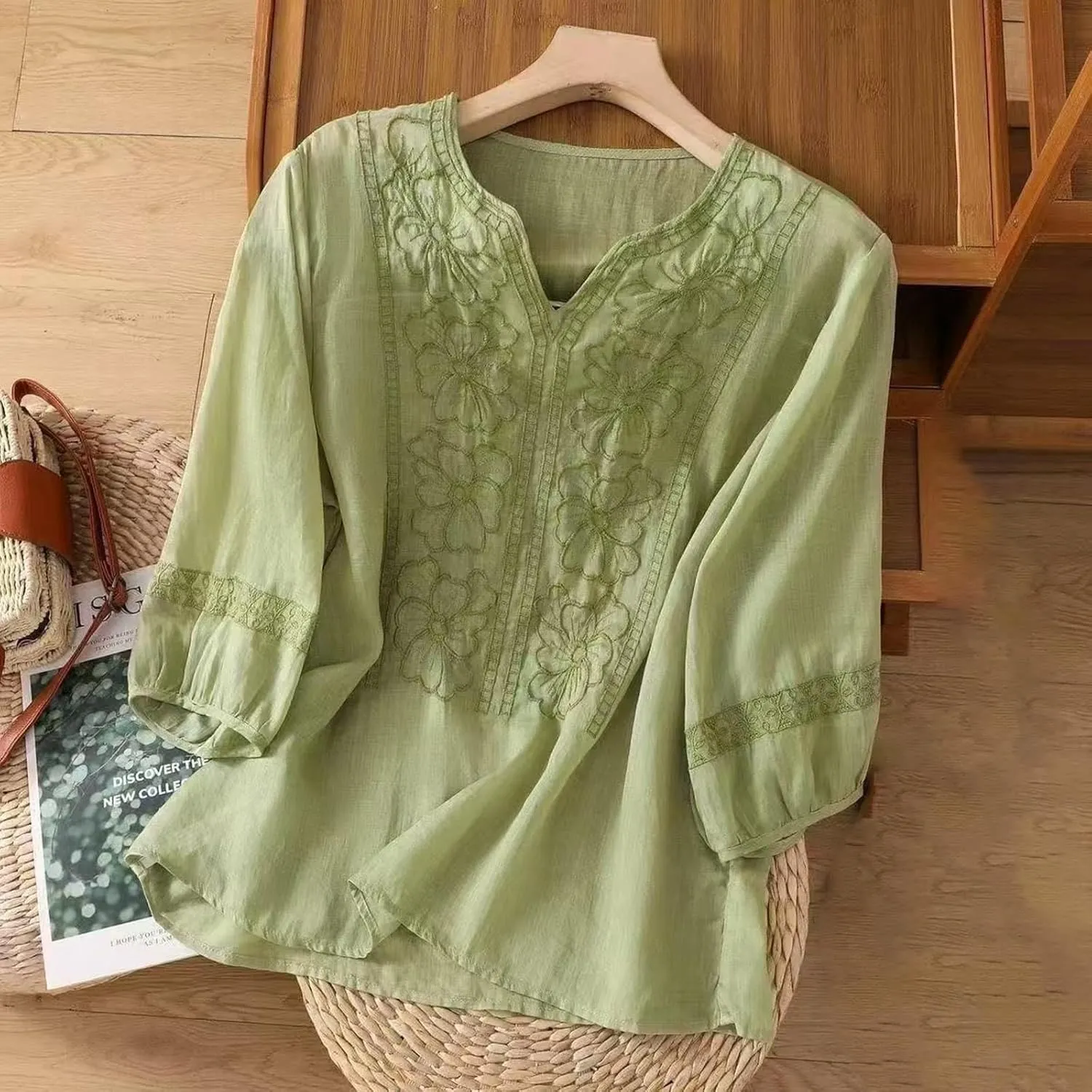 Embroidered Floral Boho Ethnic Tee Cotton Linen Tshirt Women 3/4 Sleeve V Neck Button Flowy Soft Loose Tops