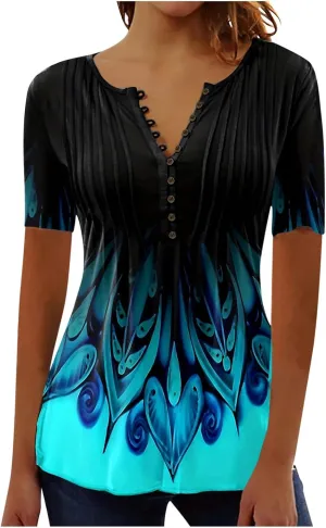 Empire Waist Button Down Shirts for Women Fashion Short Sleeve Floral Print Bohemian Tunic Tops Summer Causal Blouse