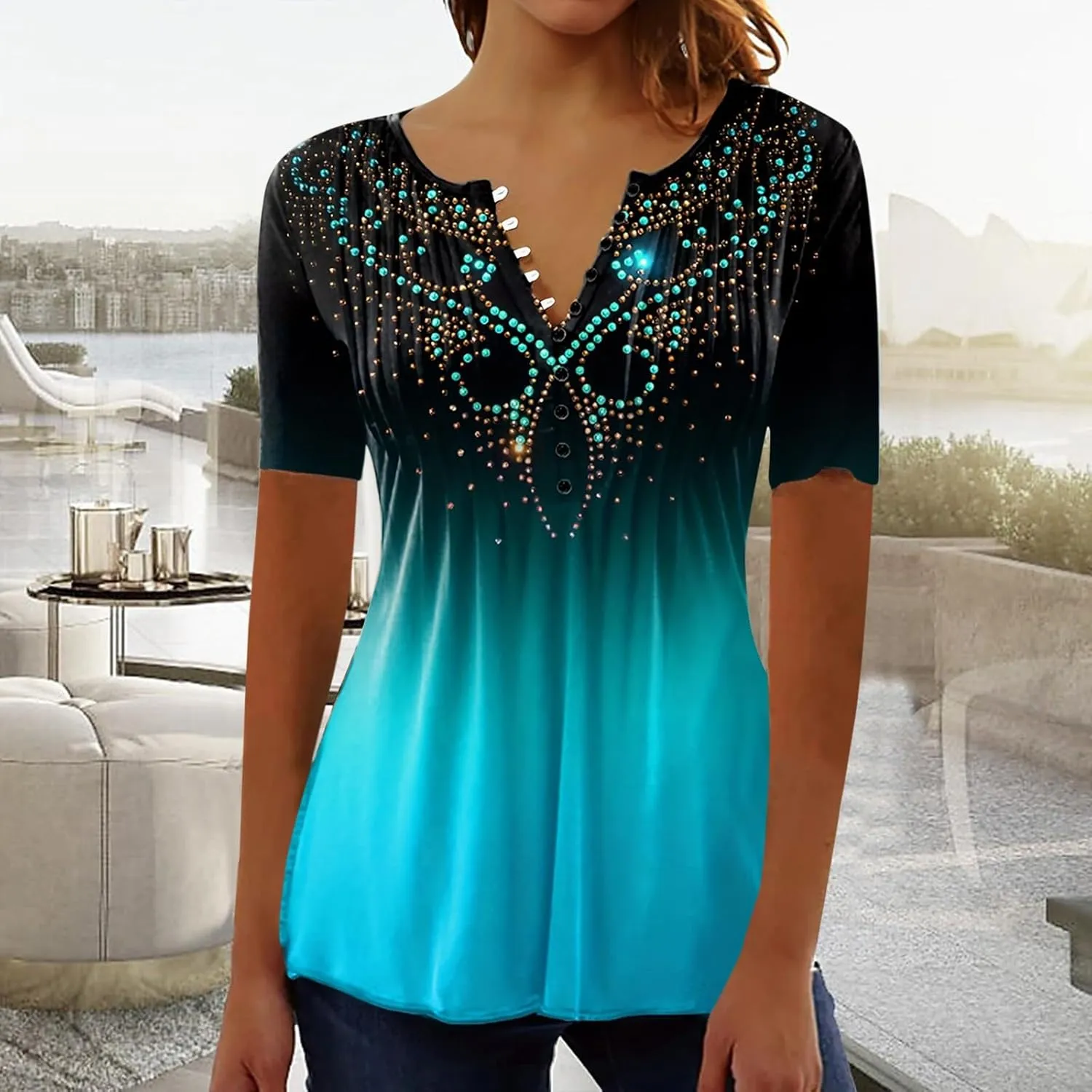 Empire Waist Button Down Shirts for Women Fashion Short Sleeve Floral Print Bohemian Tunic Tops Summer Causal Blouse