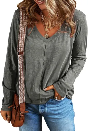 EVALESS Spring Tops for Women Beach Vacation Clothes V Neck Summer Tops Long Sleeve Shirts Basic T Shirts Women's Clothing