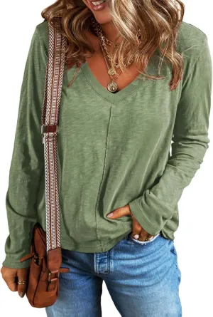 EVALESS Spring Tops for Women Beach Vacation Clothes V Neck Summer Tops Long Sleeve Shirts Basic T Shirts Women's Clothing