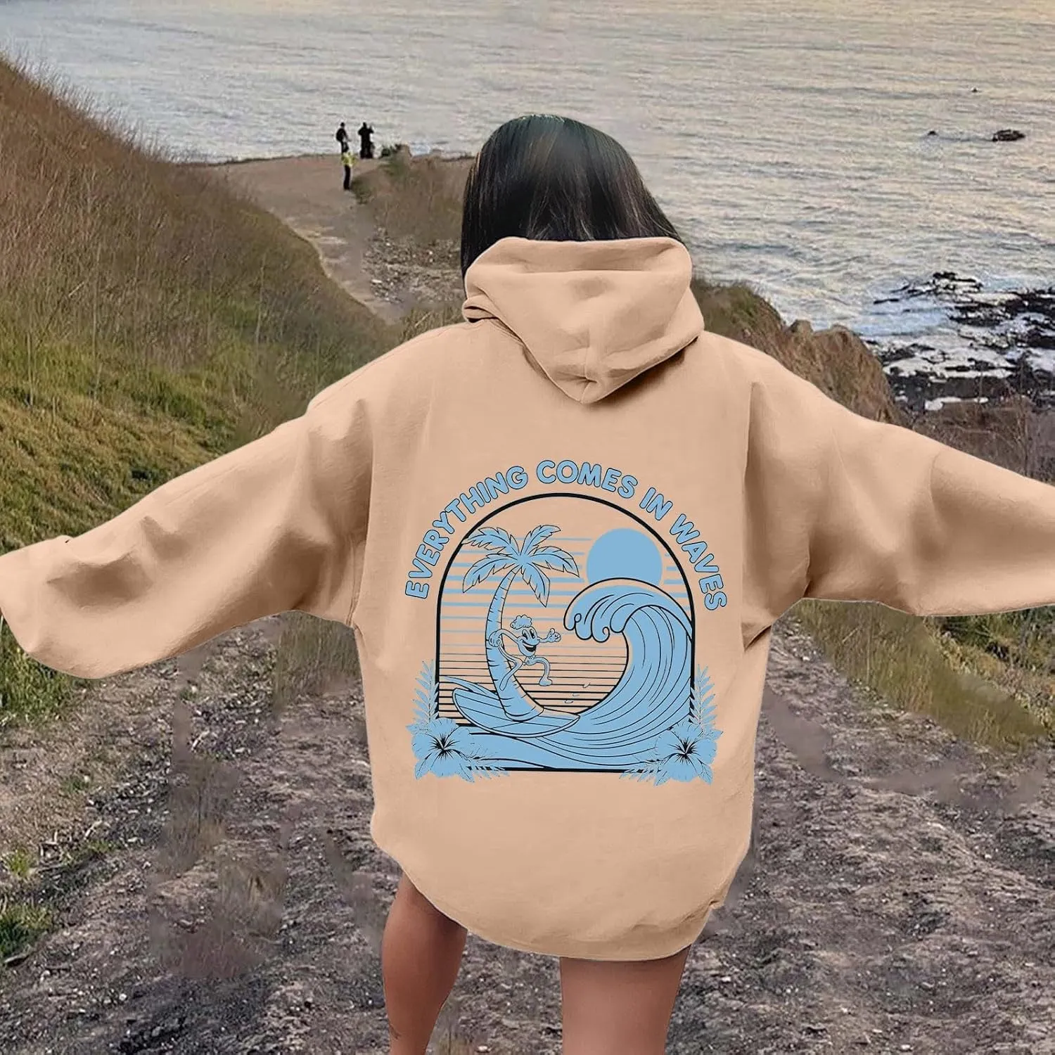 Everything Comes In Waves Sweatshirt For Women Long Sleeve Casual Sweatshirts Drawstring Pockets Comfort Fashion Hoodies