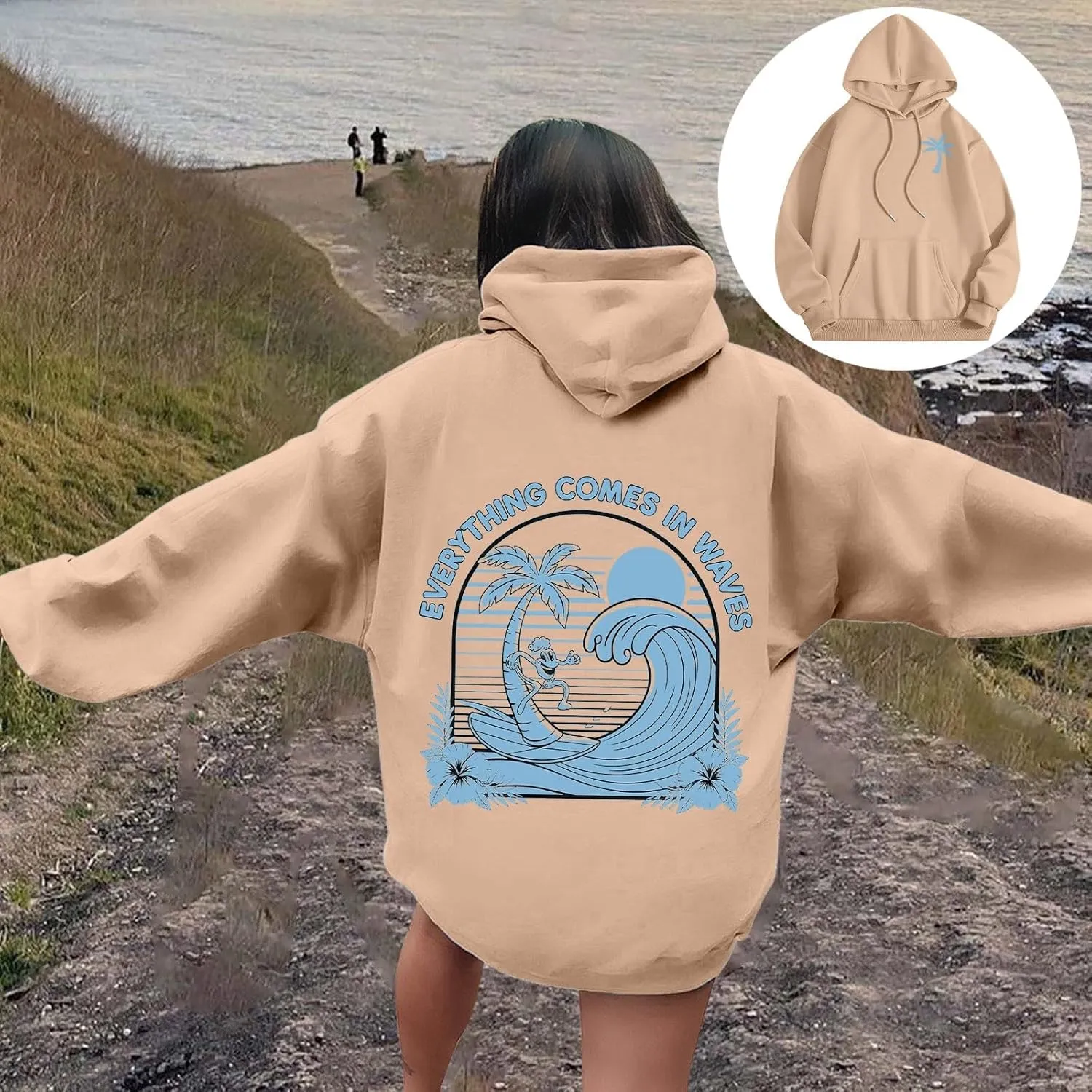 Everything Comes In Waves Sweatshirt For Women Long Sleeve Casual Sweatshirts Drawstring Pockets Comfort Fashion Hoodies