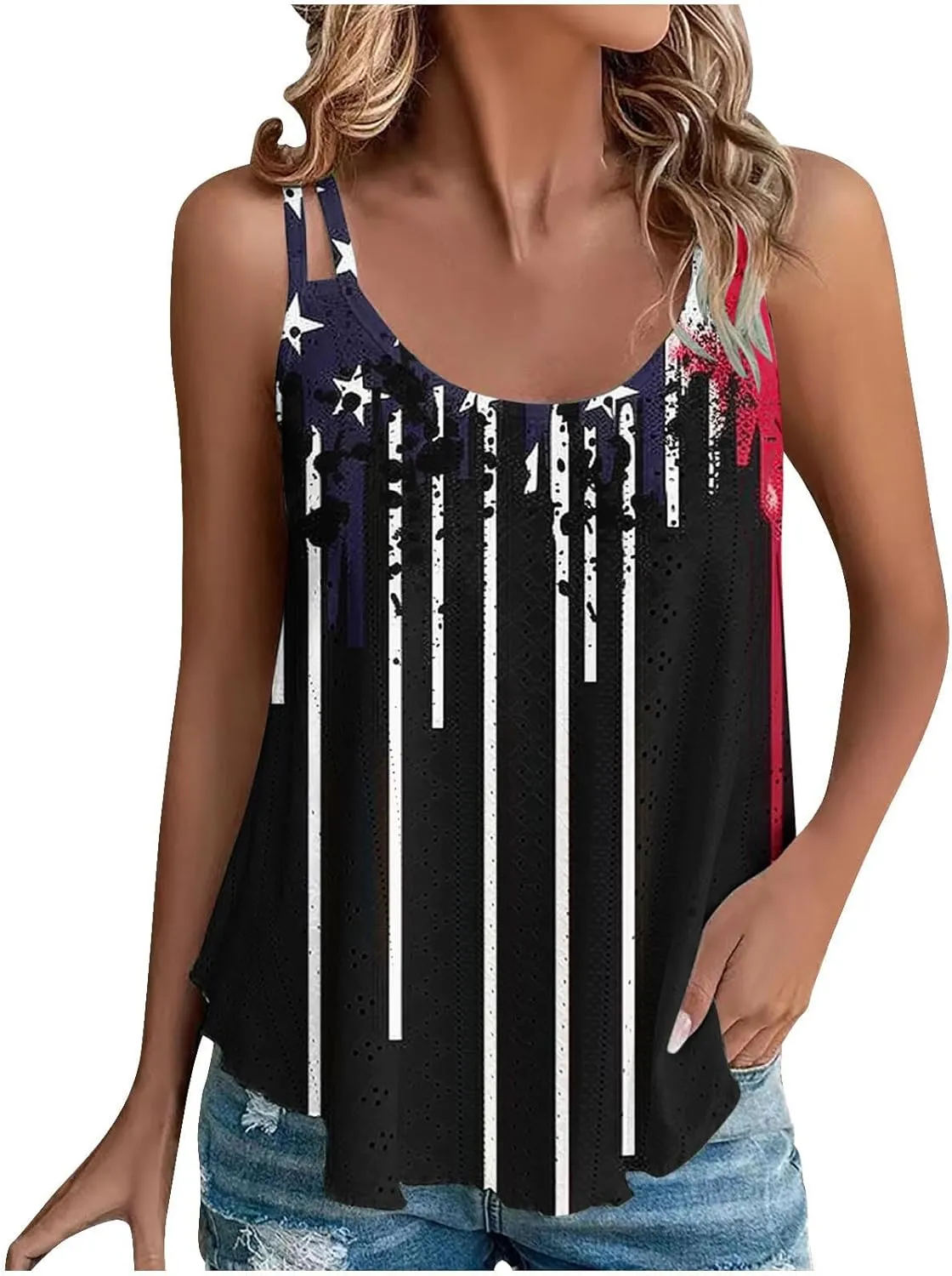 Eyelet Tank Top for Women Spaghetti Straps Sleeveless Blouse 4th of July Shirt Patriotic Graphic Tee