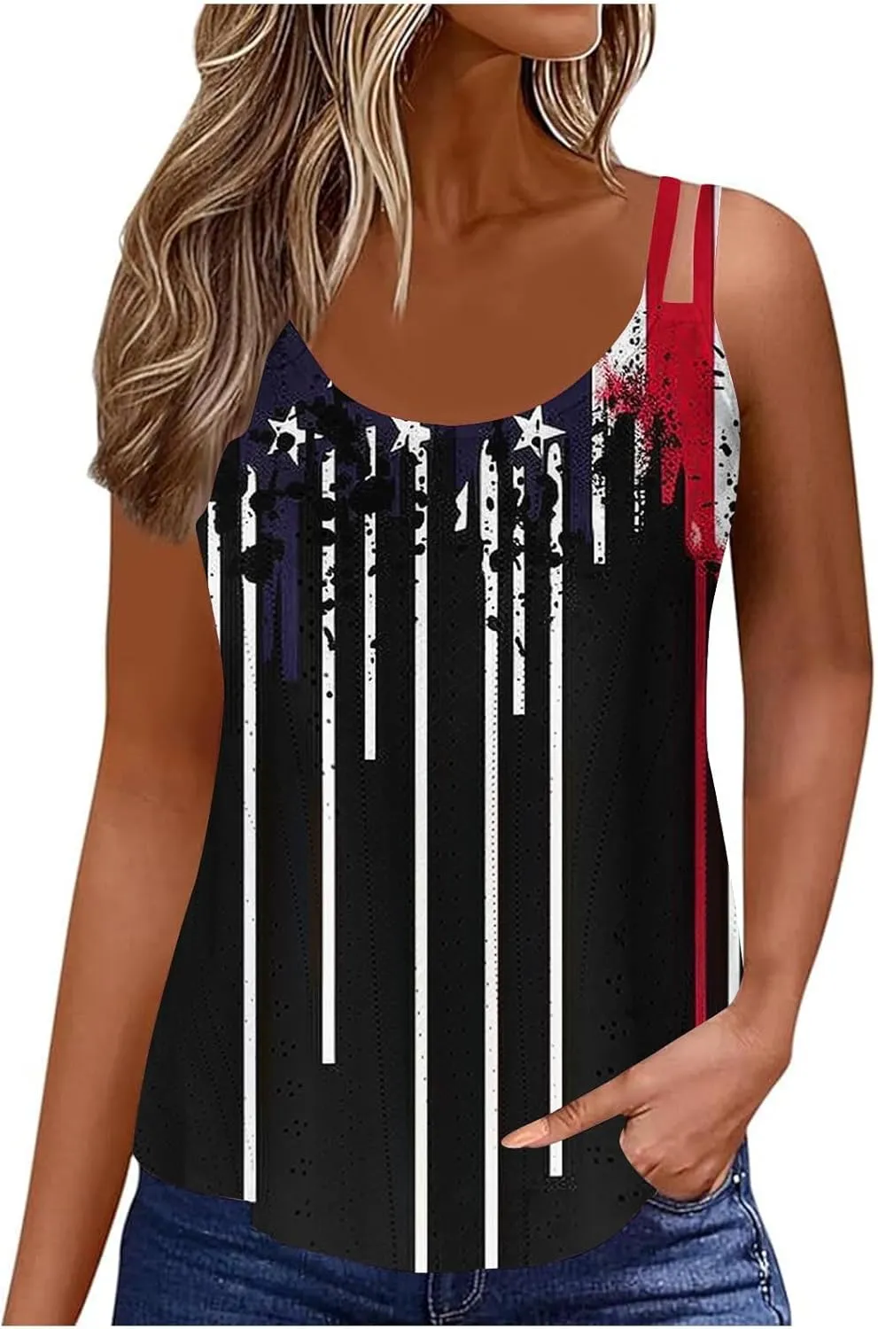 Eyelet Tank Top for Women Spaghetti Straps Sleeveless Blouse 4th of July Shirt Patriotic Graphic Tee