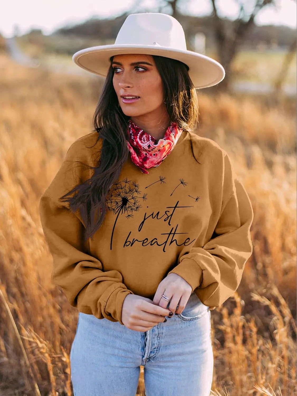 Ezcosplay Women Dandelion Graphic T-Shirts Just Breathe Long Sleeve Shirts Letter Print Sweatshirt