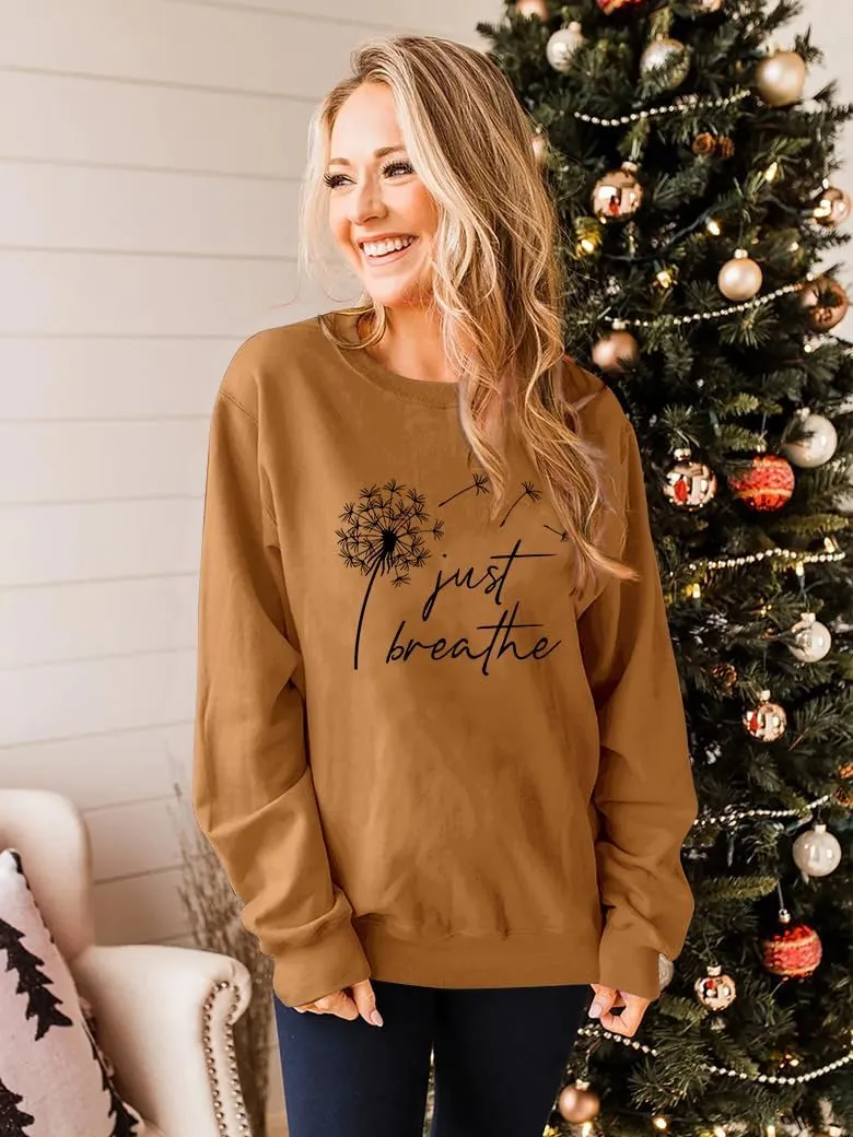 Ezcosplay Women Dandelion Graphic T-Shirts Just Breathe Long Sleeve Shirts Letter Print Sweatshirt