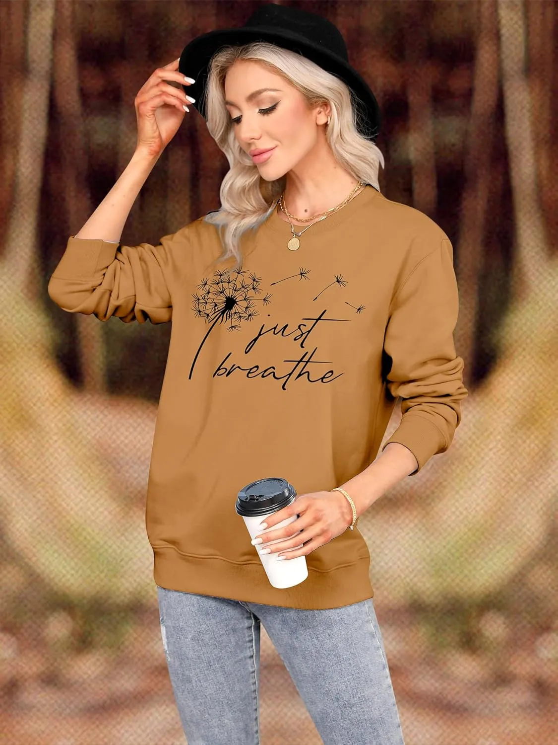 Ezcosplay Women Dandelion Graphic T-Shirts Just Breathe Long Sleeve Shirts Letter Print Sweatshirt