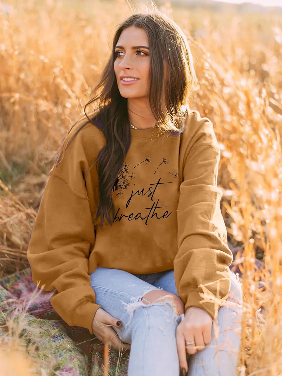 Ezcosplay Women Dandelion Graphic T-Shirts Just Breathe Long Sleeve Shirts Letter Print Sweatshirt