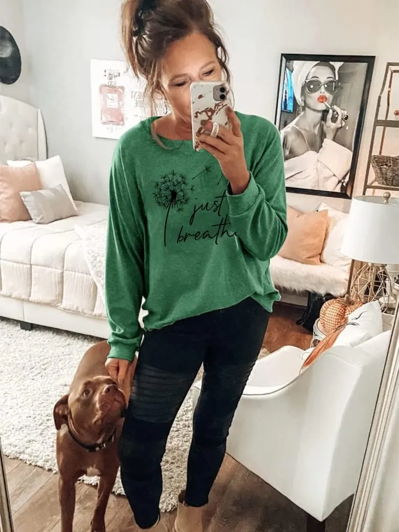 Ezcosplay Women Dandelion Graphic T-Shirts Just Breathe Long Sleeve Shirts Letter Print Sweatshirt