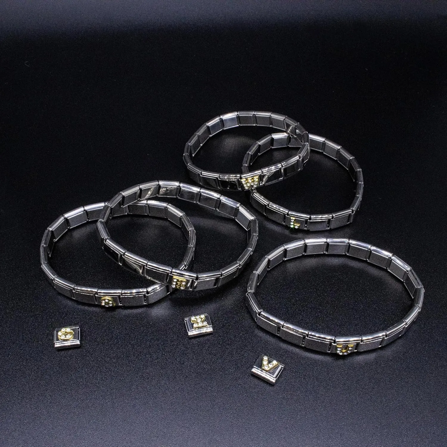 Fablinks Italian Charm Bracelet Letter Charms, 9mm Rhinestone Letters Initial Jewelry for Women, Stainless Steel Gold Initials Links for Men
