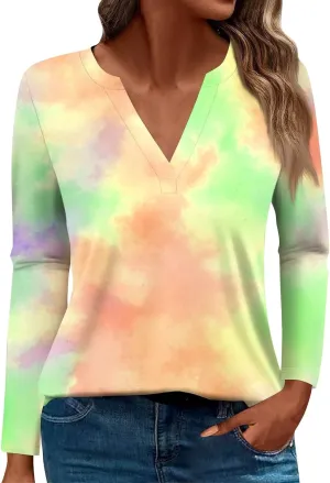 Fall Outfits for Women 2024 Long Sleeves T Shirts Cool Vintage Floral V Neck Top Plus Size Vacation Blouses